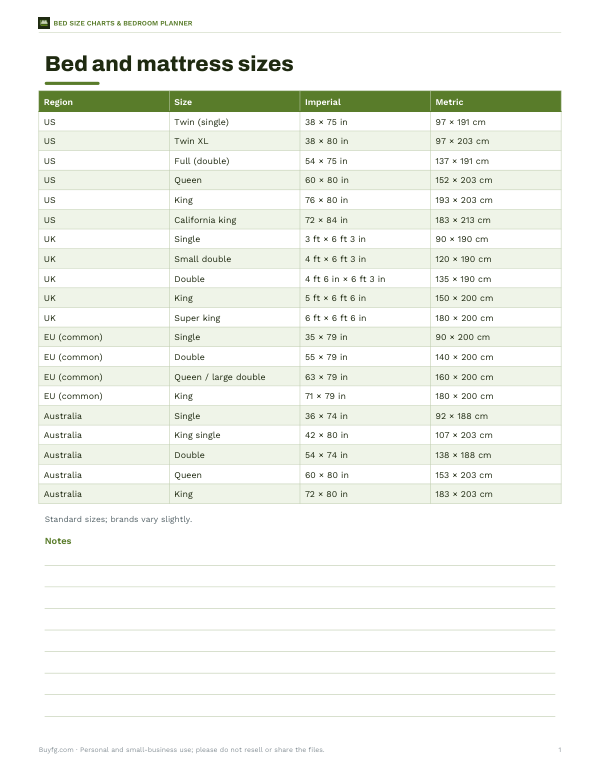 Preview of Printable Bed Size Chart