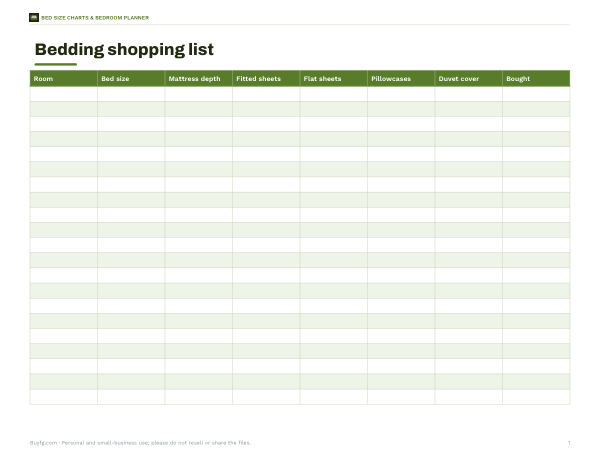 Preview of Printable Bedding Shopping List