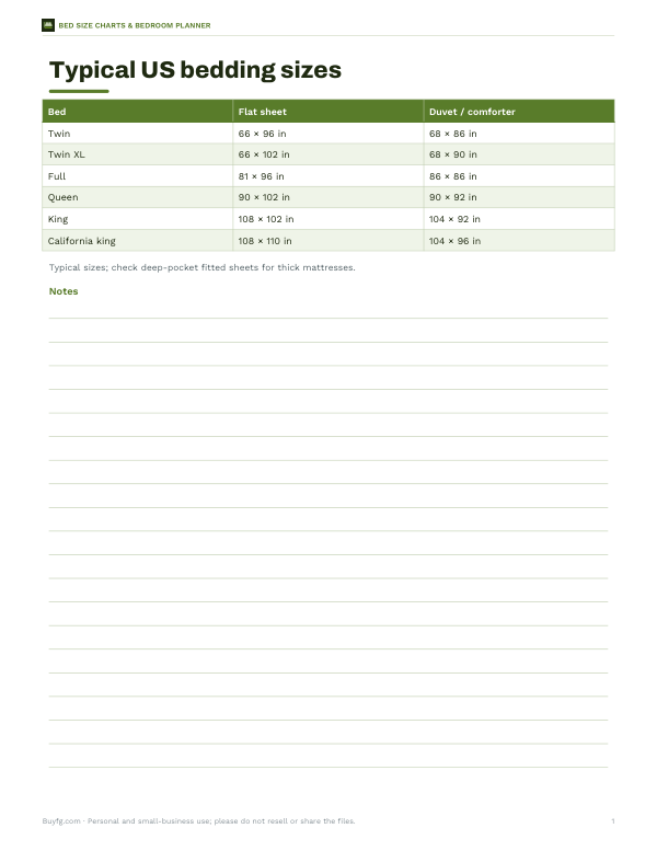 Preview of Printable Bed Size Chart